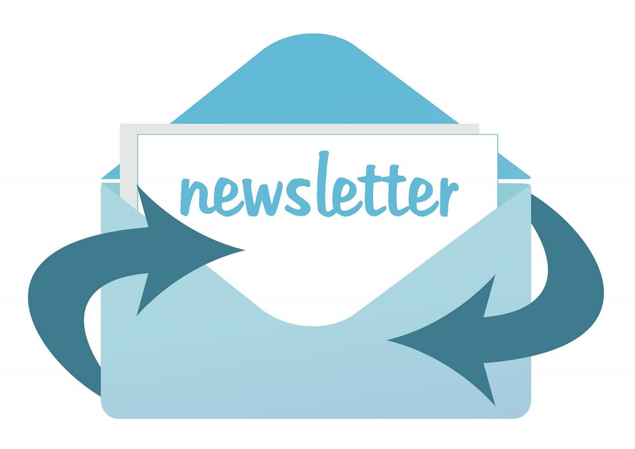 Blue graphic- letter going into envelope with text- Newsletter